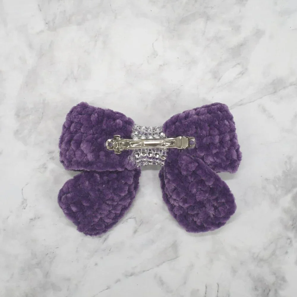 HAND CRAFTED Hair Bow Kids Crochet Chenille Velvet Hair Barrette Oversize Purple